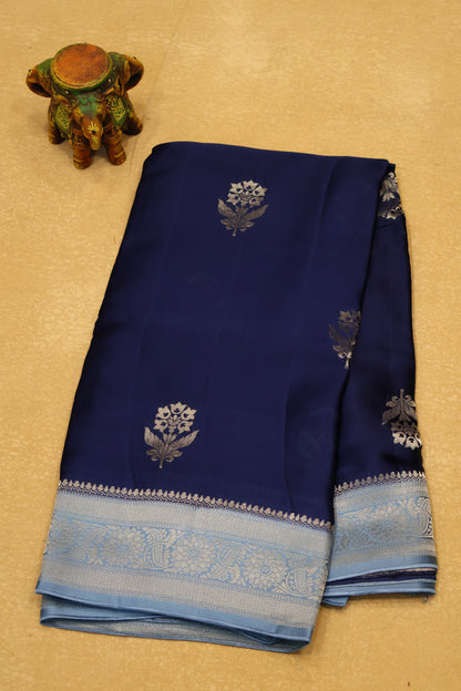 Banarasi Crepe Saree-Blue Floral Silver Zari