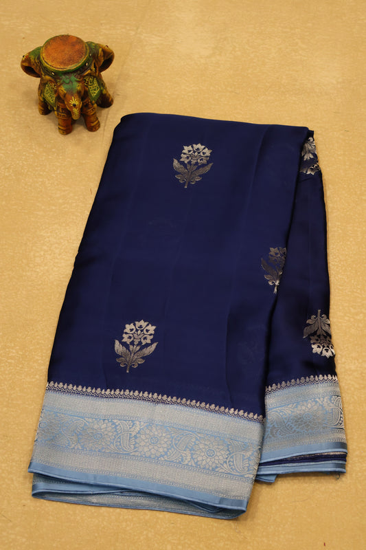 Banarasi Crepe Saree-Blue Floral Silver Zari