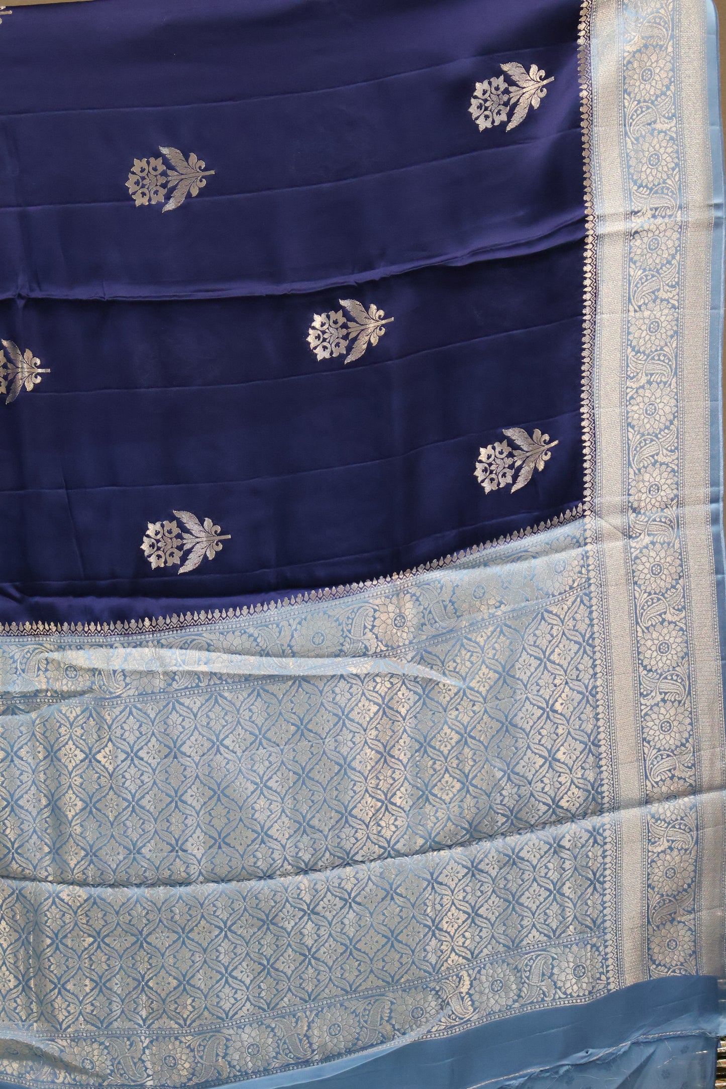 Banarasi Crepe Saree-Blue Floral Silver Zari