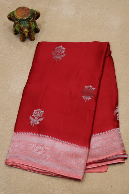Banarasi Crepe Saree-Red Floral Silver Zari