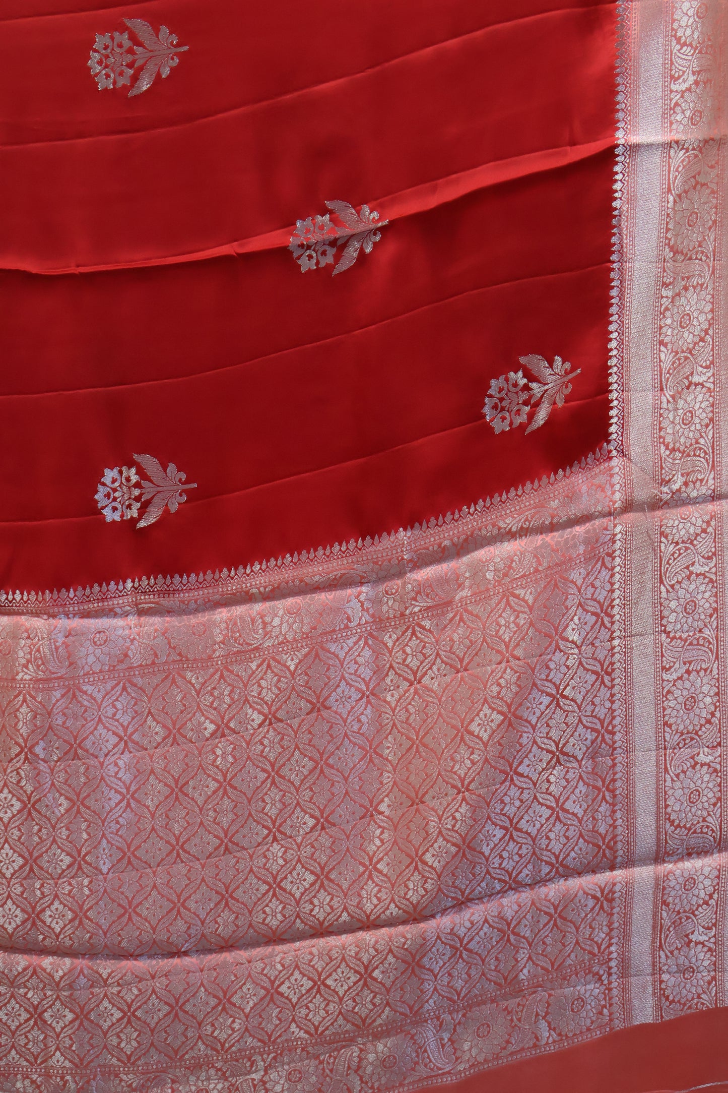 Banarasi Crepe Saree-Red Floral Silver Zari