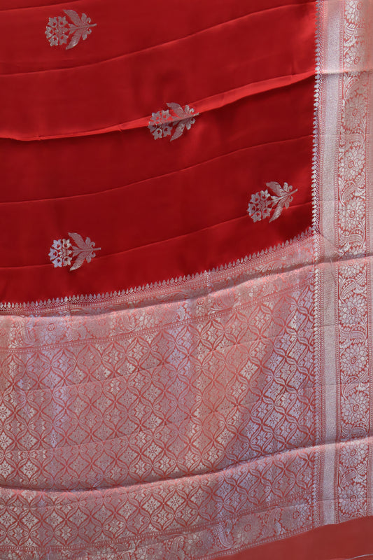 Banarasi Crepe Saree-Red Floral Silver Zari