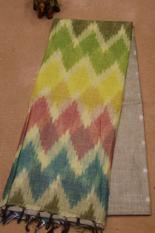 Linen Saree -Metallic Green Colour Zig Zag