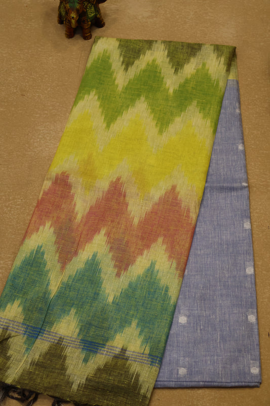 Linen Saree -Greyish Blue Colour Zig Zag