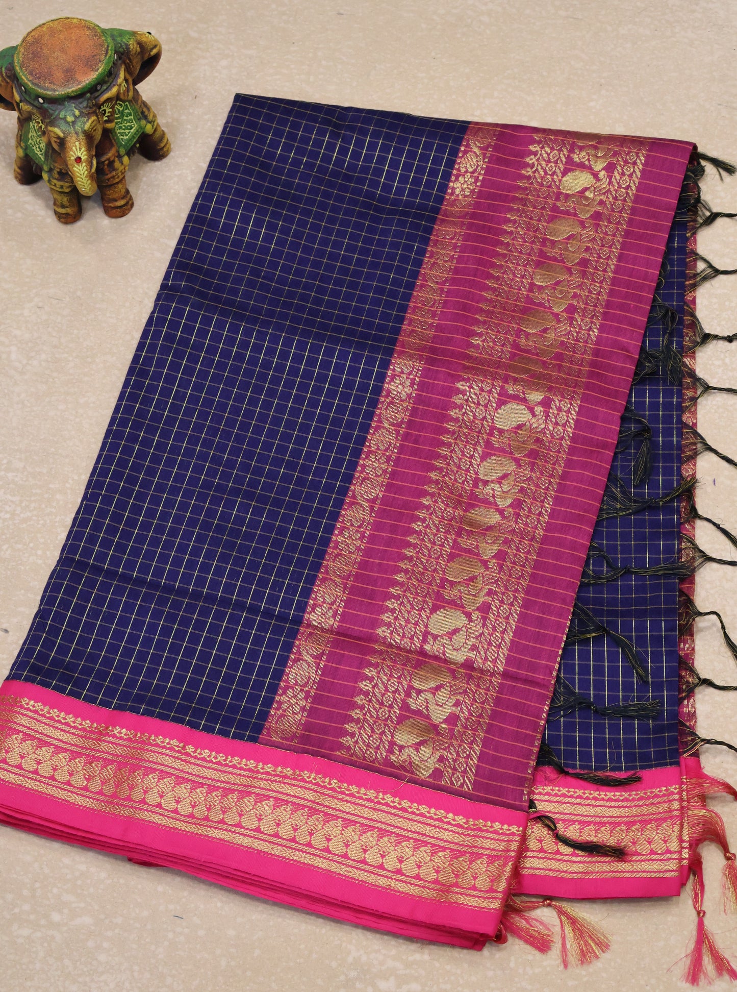 Kalyani Cotton-Navy Blue Border Checks