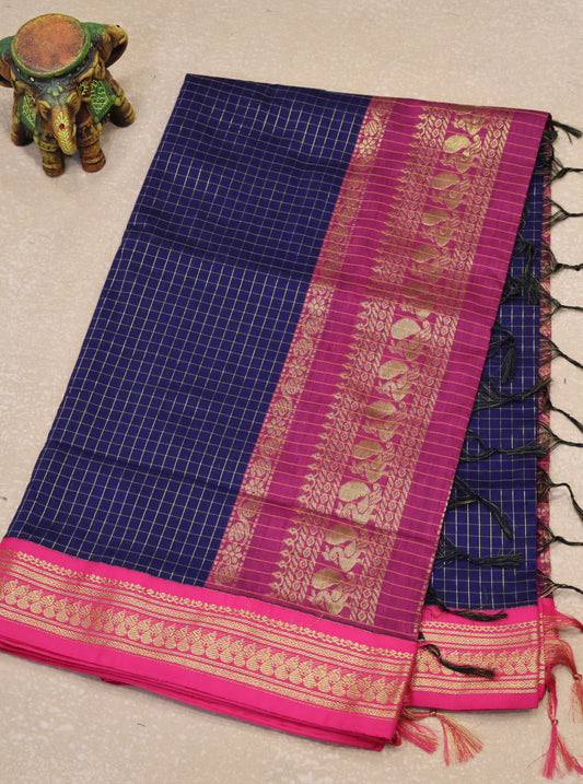 Kalyani Cotton-Navy Blue Border Checks