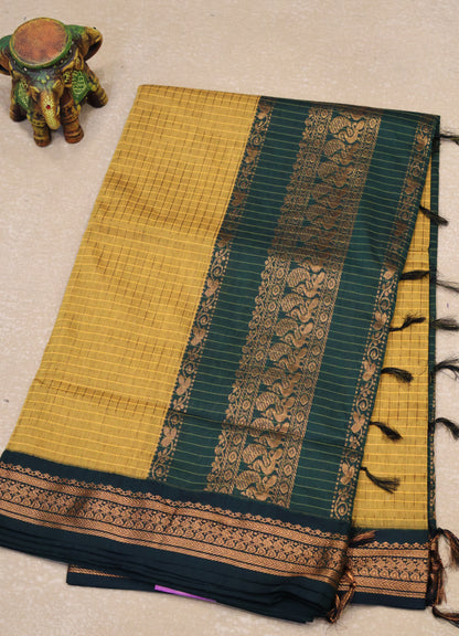Kalyani Cotton-Mustard Green Border Checks