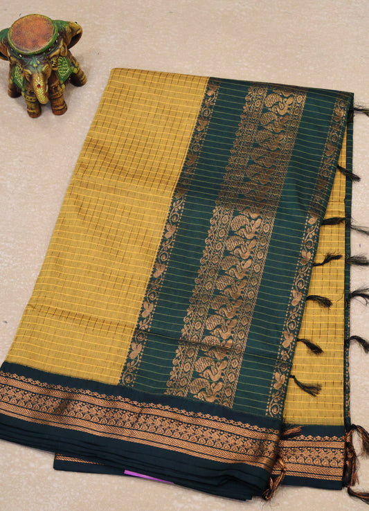 Kalyani Cotton-Mustard Green Border Checks