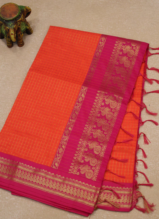 Kalyani Cotton-Bright Orange Border Checks