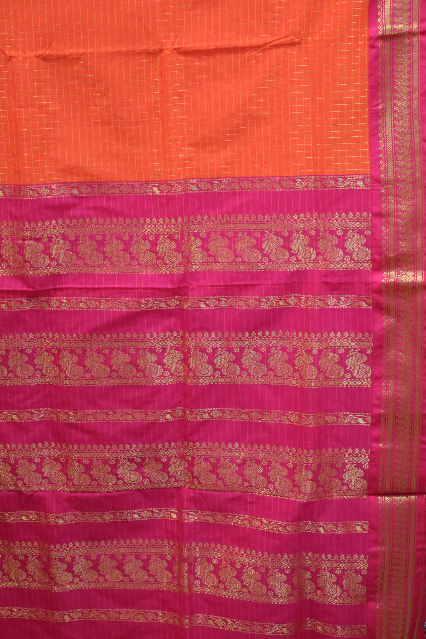 Kalyani Cotton-Bright Orange Border Checks