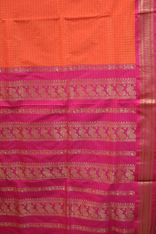 Kalyani Cotton-Bright Orange Border Checks