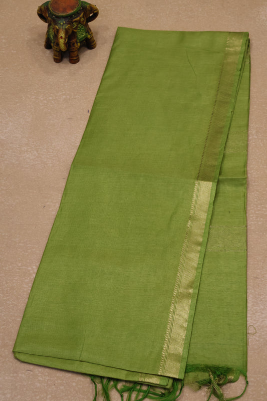 Art Bhagalpur Tussar Saree-Olive Green Plain Small Border