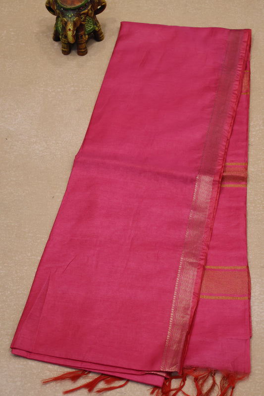 Art Bhagalpur Tussar Saree-Rani Pink Plain Small Border