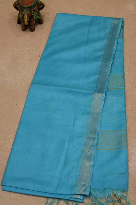 Art Bhagalpur Tussar Saree-Teal Blue Plain Small Border