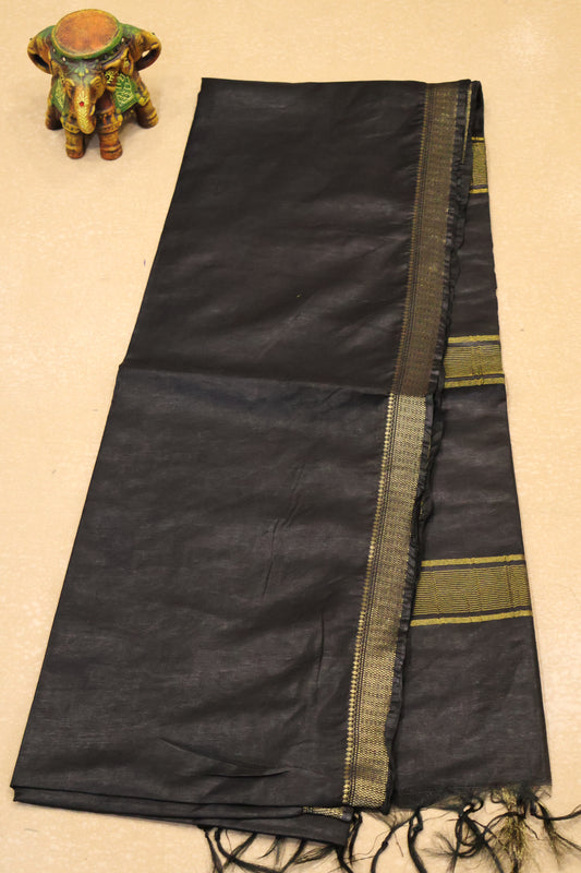 Art Bhagalpur Tussar Saree-Black Plain Small Border