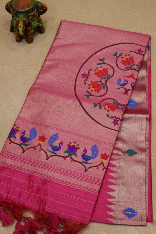 Semi Raw Silk Saree -Pink Paithani