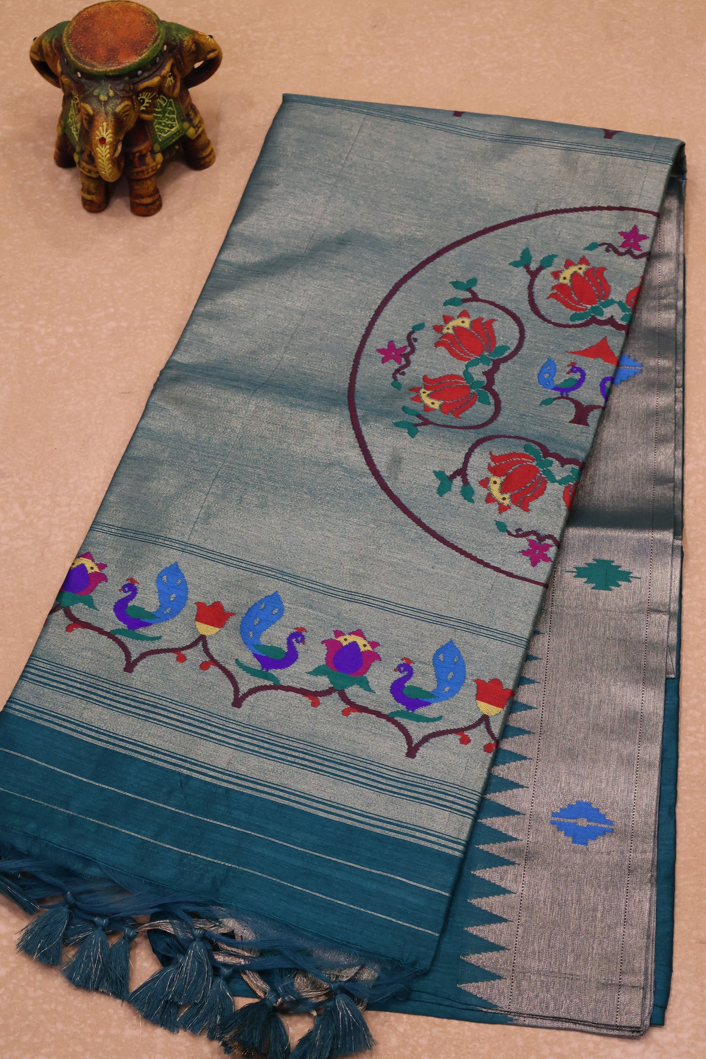 Semi Raw Silk Saree -Peacock Green Paithani