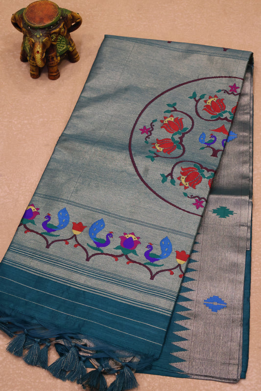 Semi Raw Silk Saree -Peacock Green Paithani