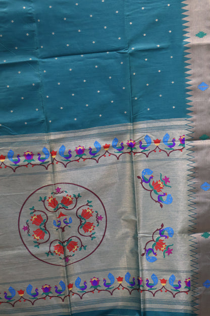 Semi Raw Silk Saree -Peacock Green Paithani