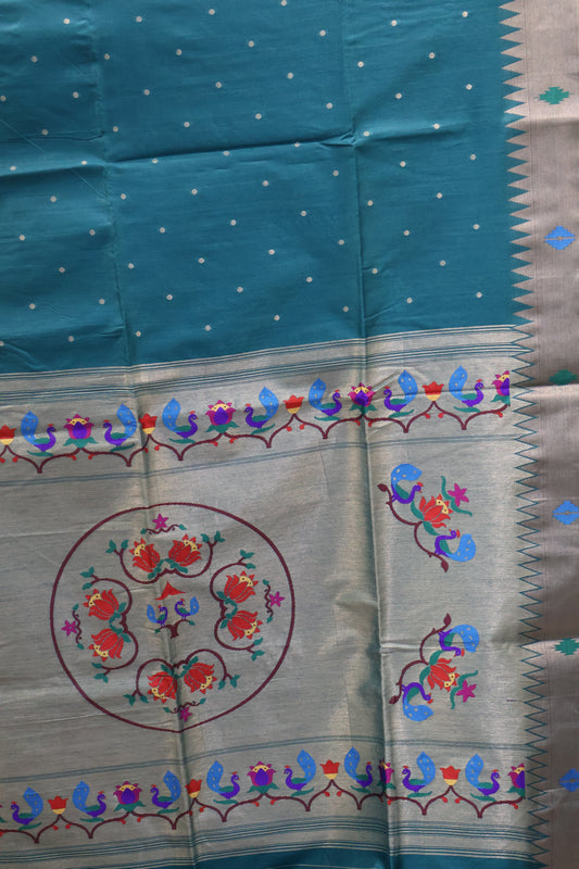 Semi Raw Silk Saree -Peacock Green Paithani
