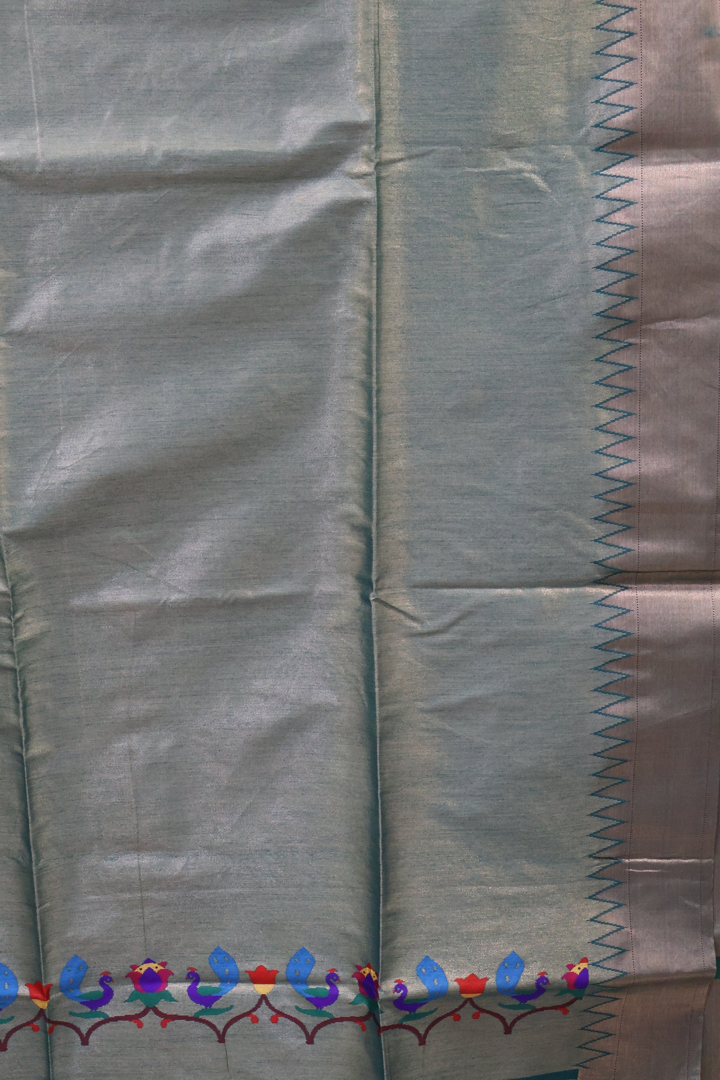 Semi Raw Silk Saree -Peacock Green Paithani