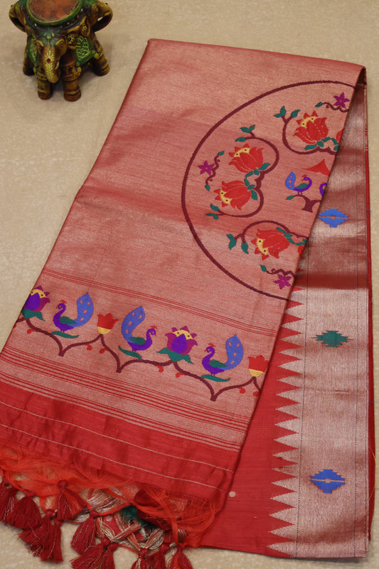 Semi Raw Silk Saree -Red Paithani