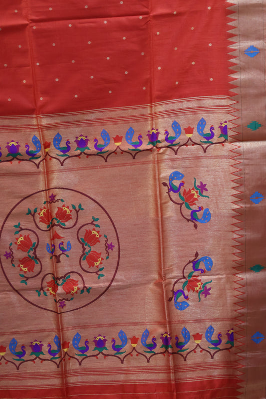 Semi Raw Silk Saree -Red Paithani