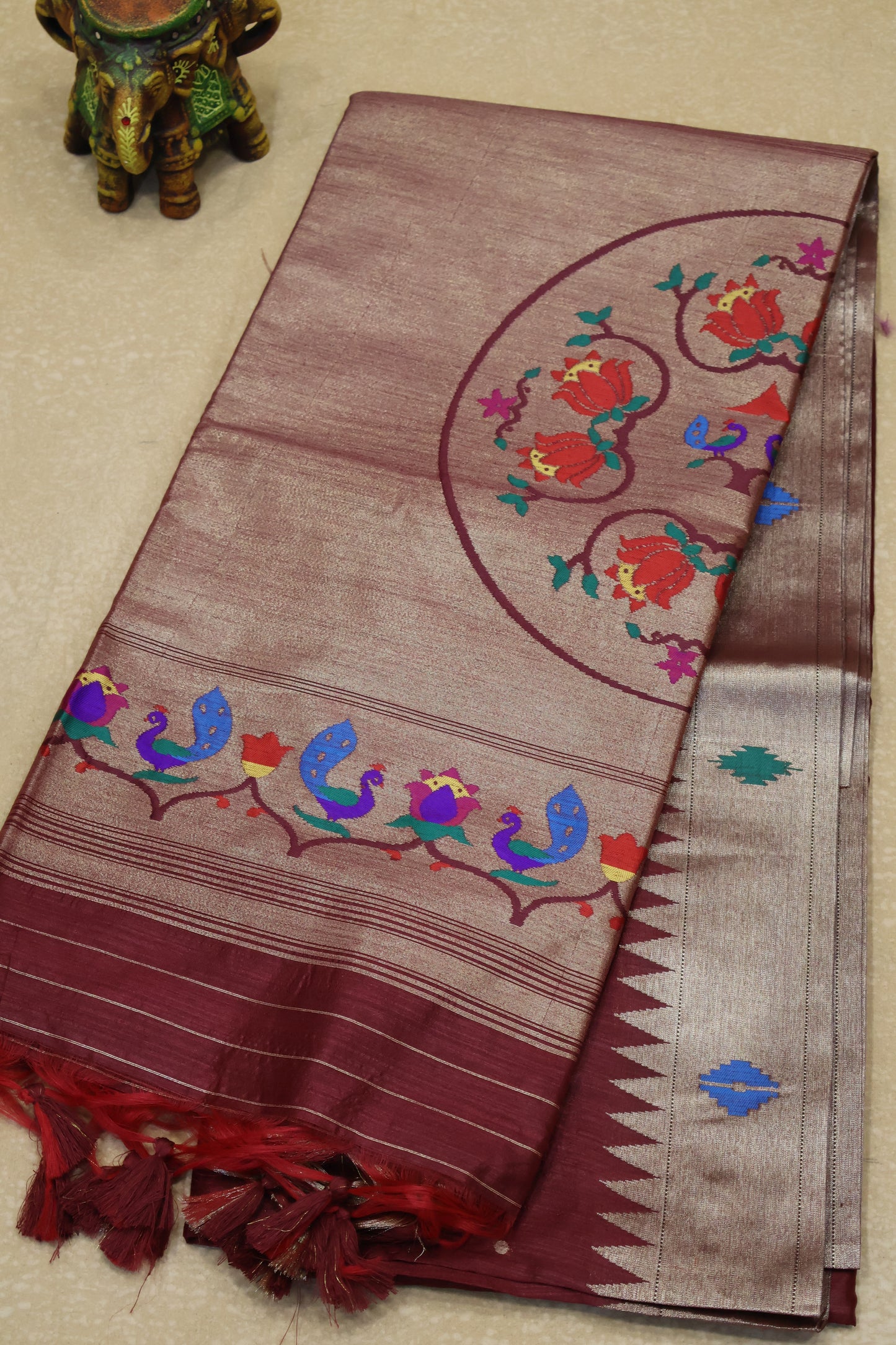 Semi Raw Silk Saree -Maroon Paithani