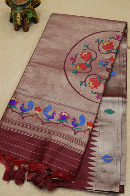 Semi Raw Silk Saree -Maroon Paithani
