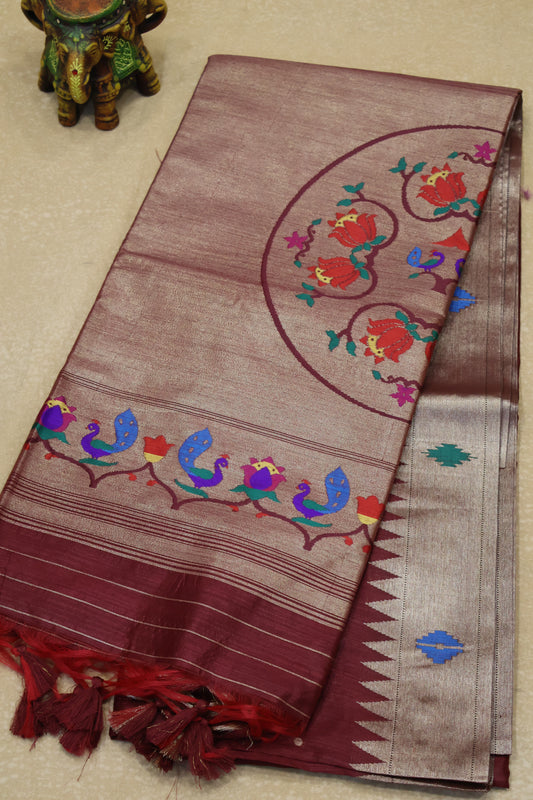 Semi Raw Silk Saree -Maroon Paithani