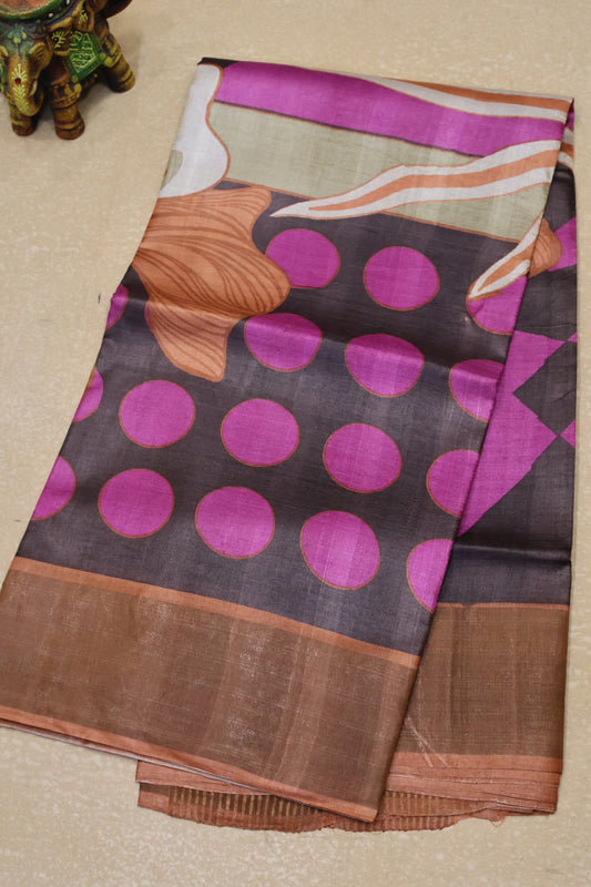 Pure Tussar Saree -Choco Brown Round Pattern