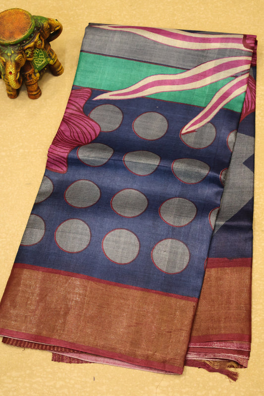 Pure Tussar Saree -Blue Round Pattern
