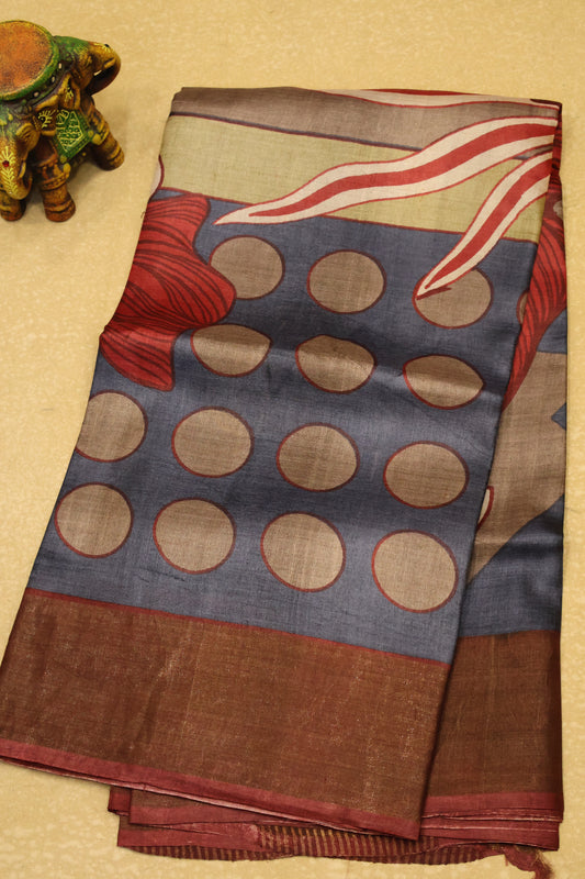 Pure Tussar Saree -Grey Round Pattern