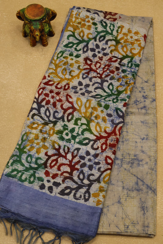 Art Bhagalpur Tussar Saree-Blue Silver