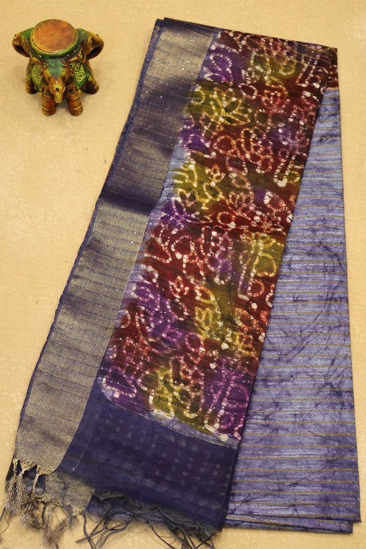 Art Bhagalpur Tussar Saree-Navy Blue Silver