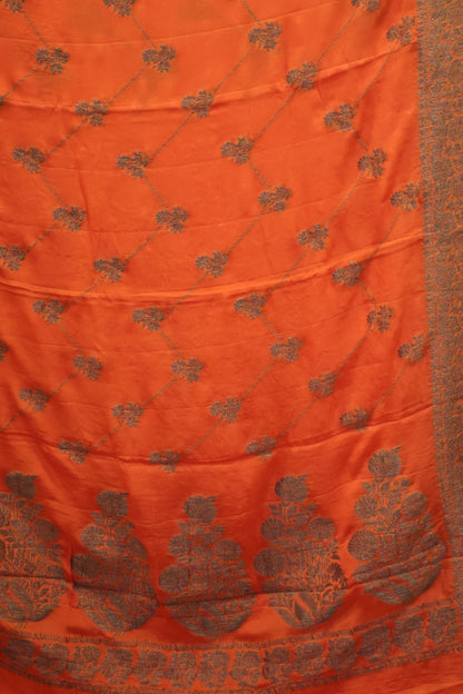 Banarasi Crepe Saree-Orange Zig Zag Flower Border