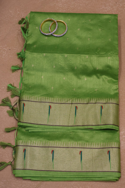 Semi Raw Silk Saree -Pista Green Round Buta