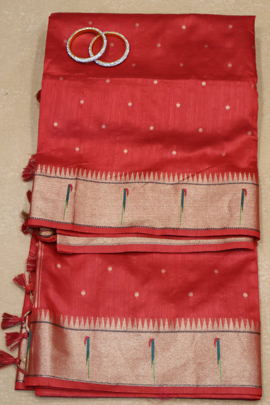 Semi Raw Silk Saree-Red Round Buta