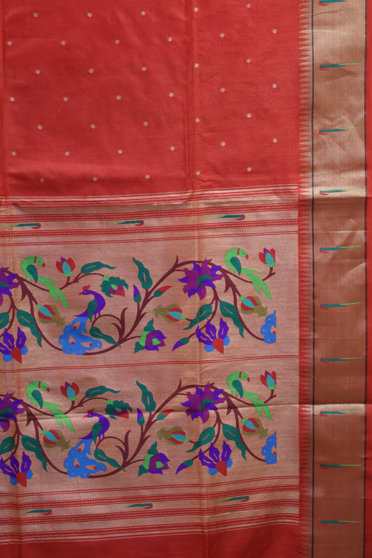 Semi Raw Silk Saree-Red Round Buta