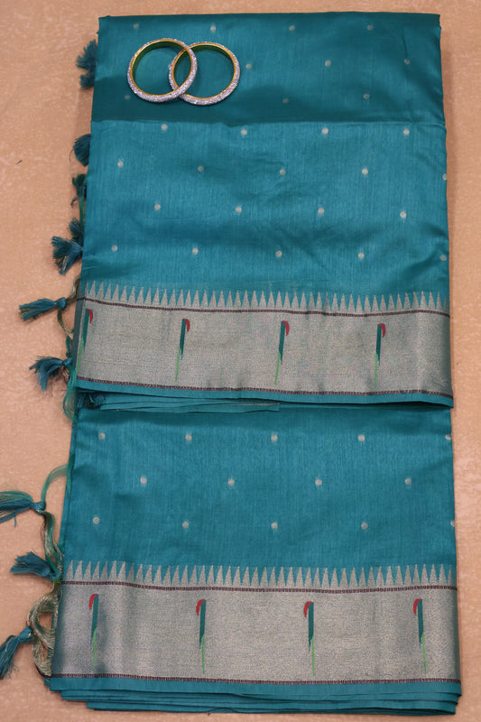 Semi Raw Silk Saree-Green Round Buta