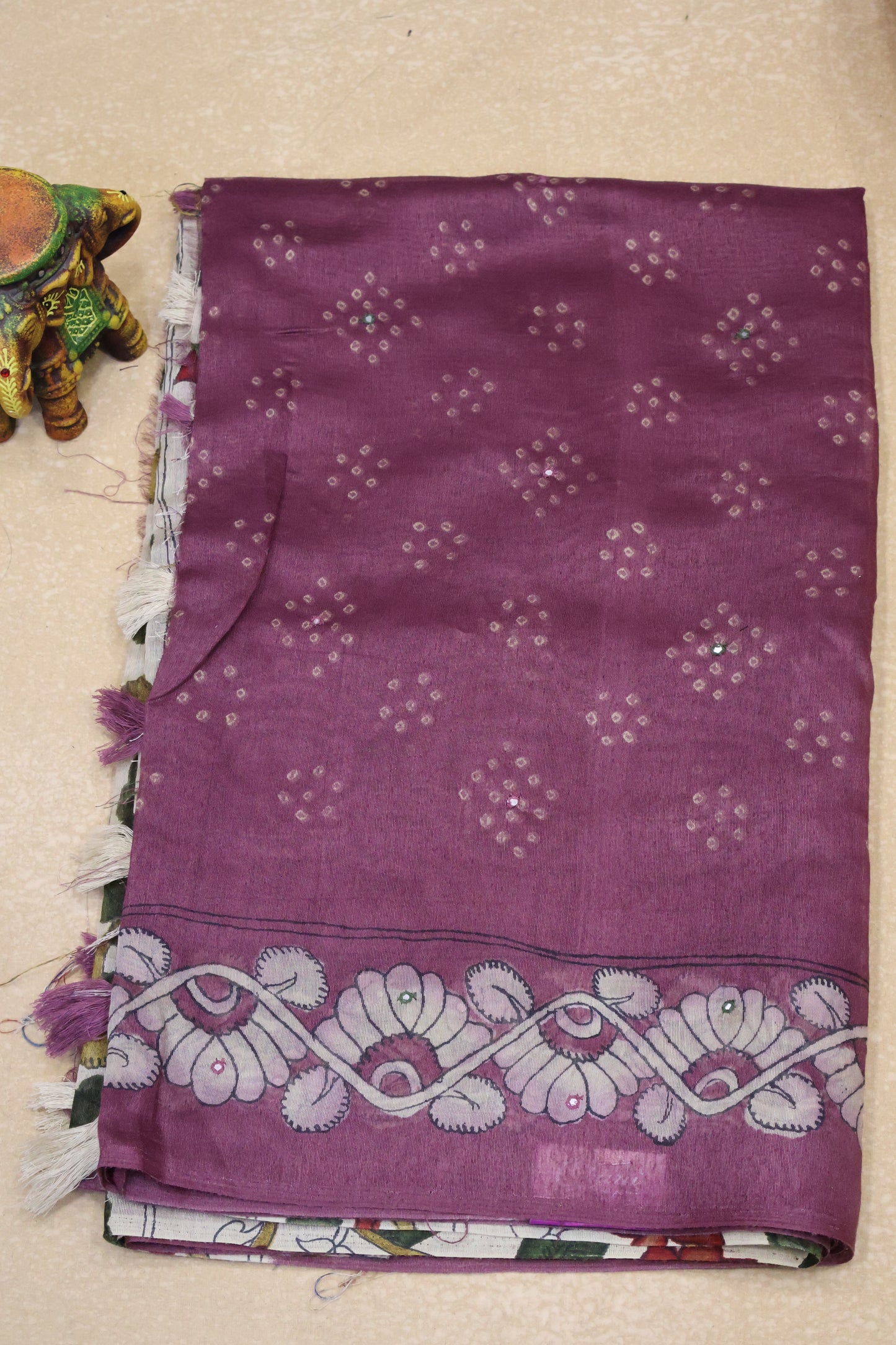 Linen Chanderi Saree-Purple Bandini Mirror Work