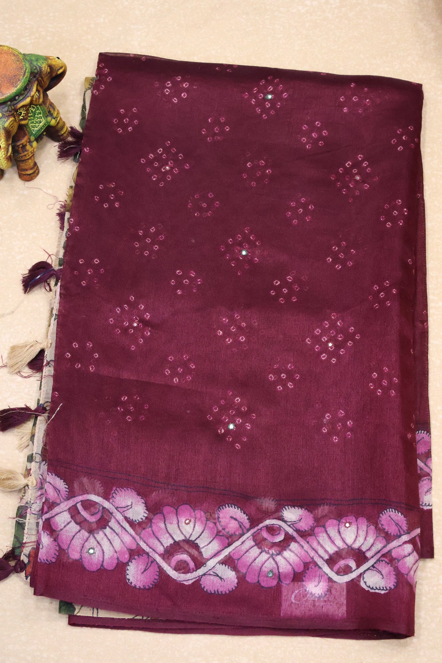 Linen Chanderi Saree-Maroon Bandini Mirror Work