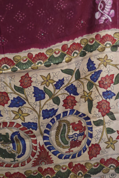 Linen Chanderi Saree-Maroon Bandini Mirror Work