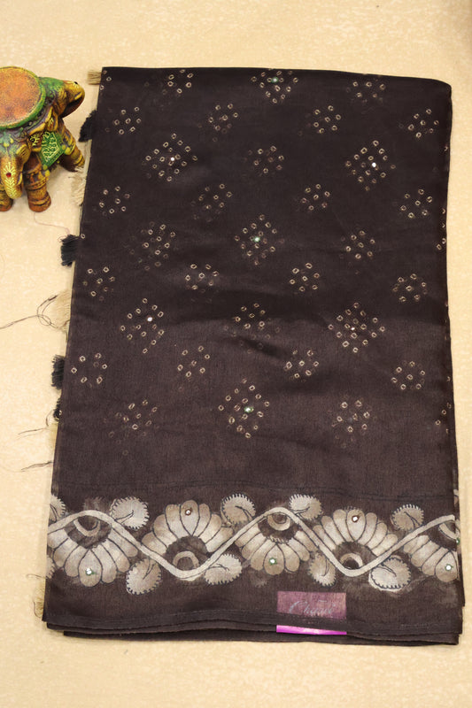 Linen Chanderi Saree-Dark Brown Bandini Mirror Work