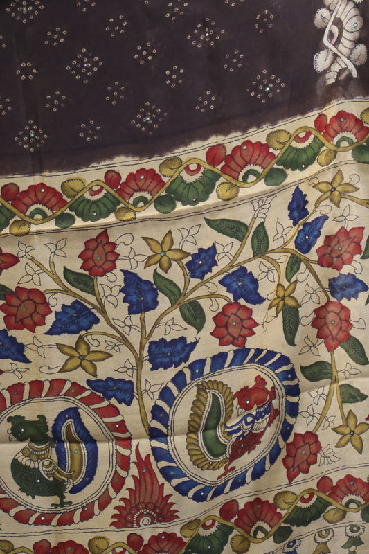 Linen Chanderi Saree-Dark Brown Bandini Mirror Work