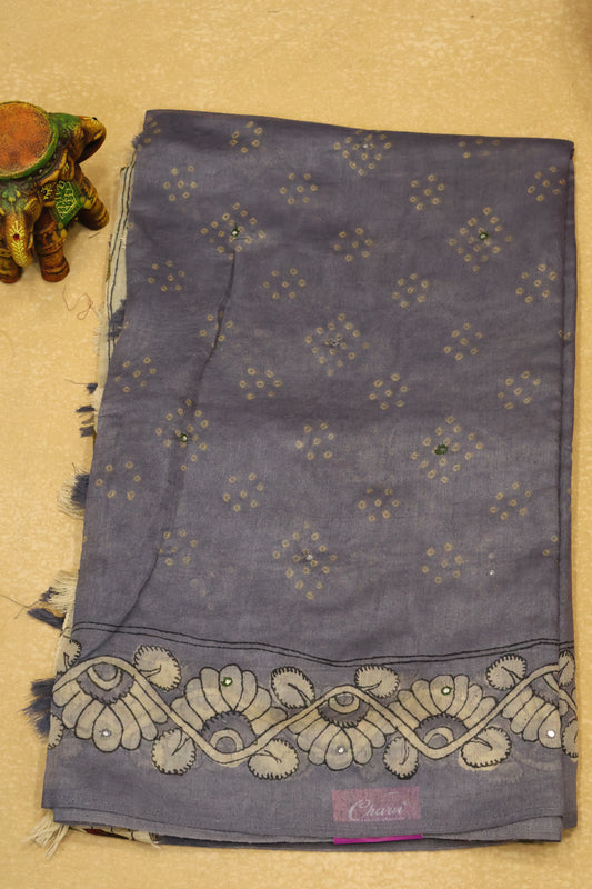 Linen Chanderi Saree-Greyish Blue Bandini Mirror Work