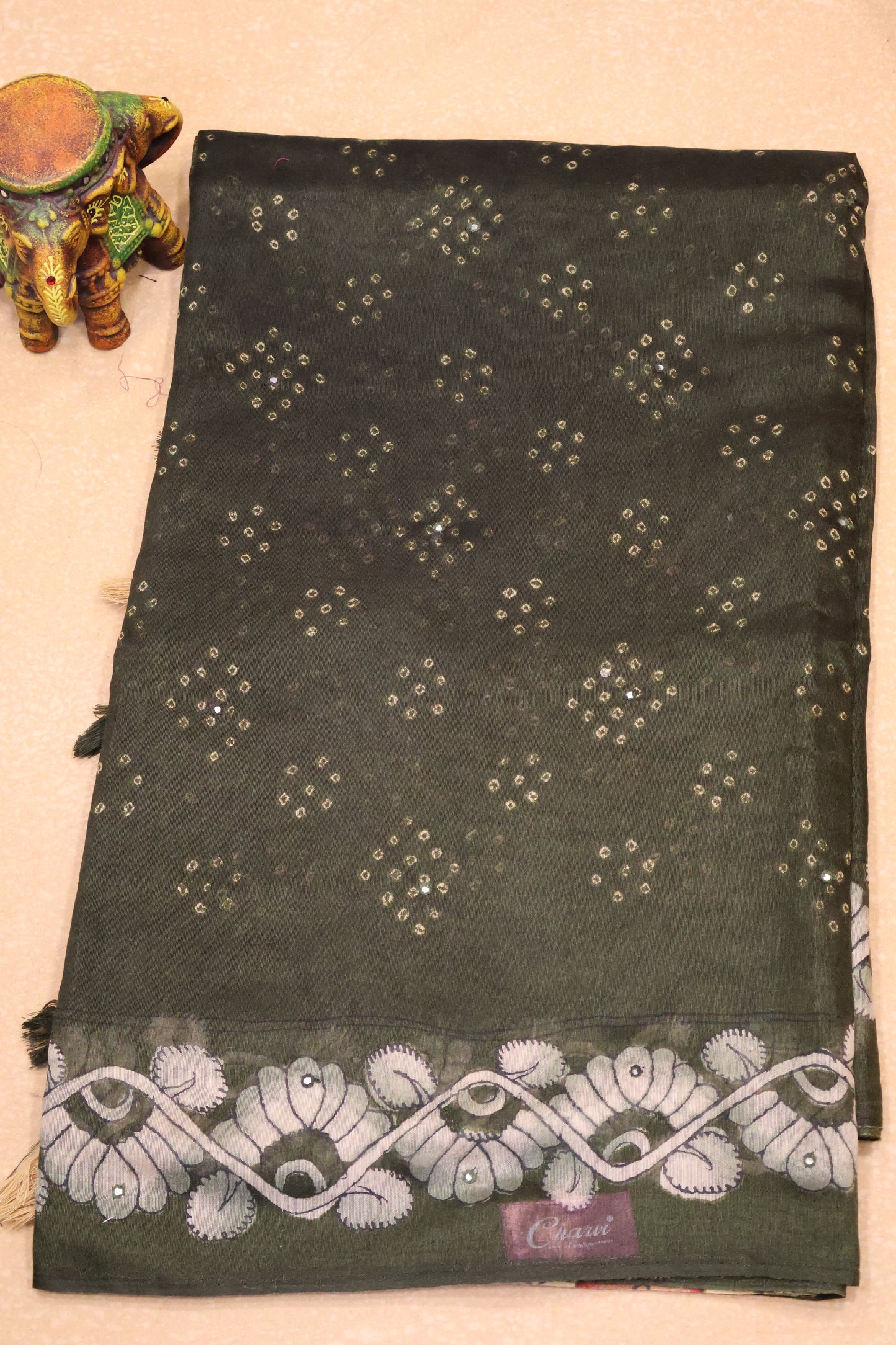 Linen Chanderi Saree-Dark Mehandi Bandini Mirror Work