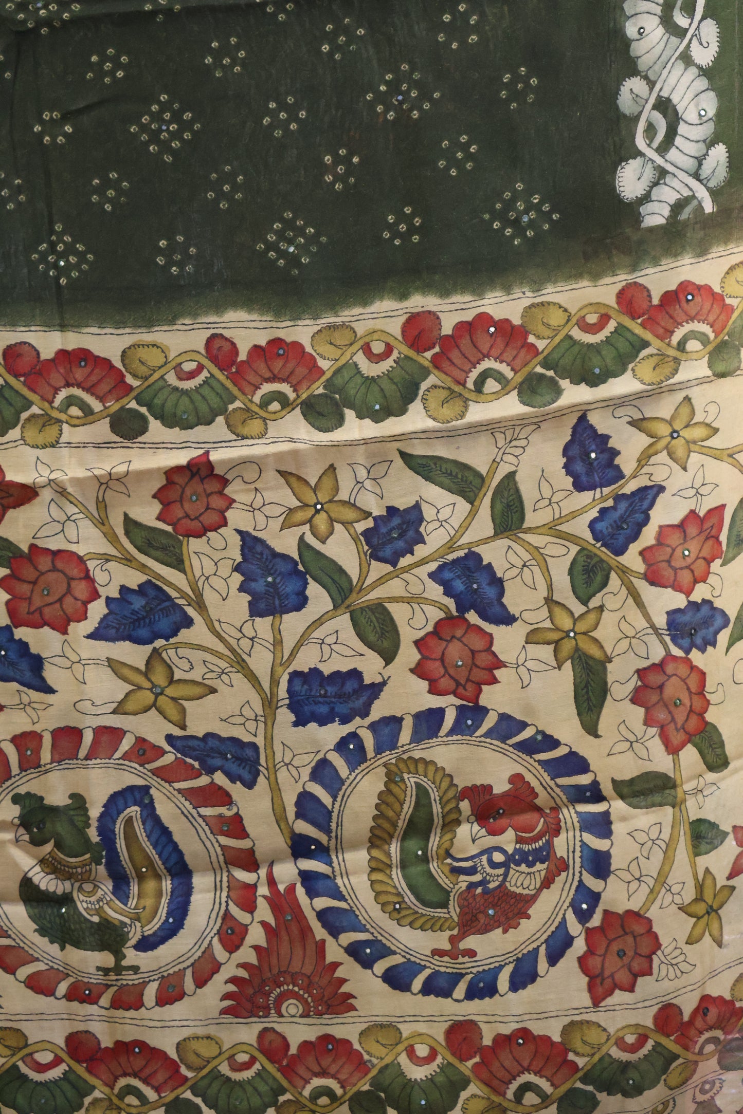 Linen Chanderi Saree-Dark Mehandi Bandini Mirror Work