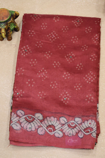 Linen Chanderi Saree-Muted Maroon Mirror Work