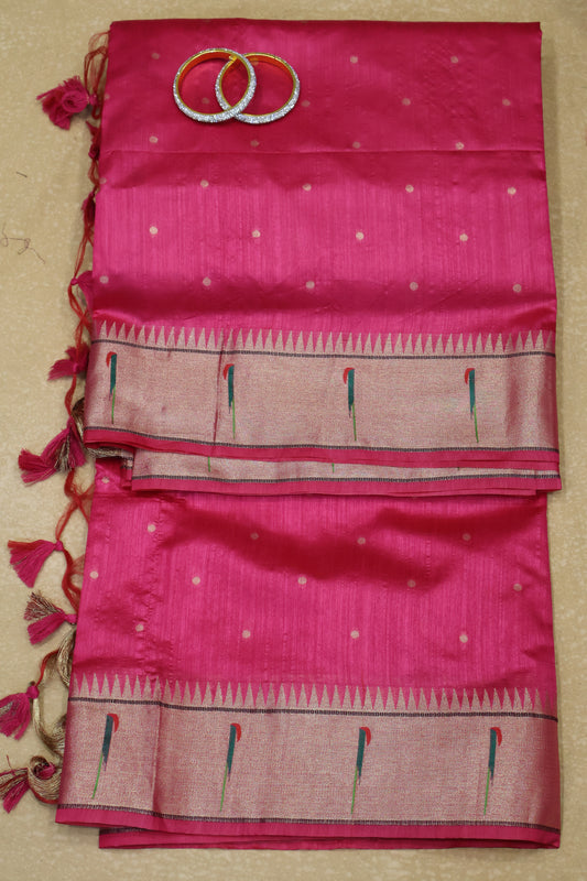 Semi Raw Silk Saree-Rani Pink Round Buta